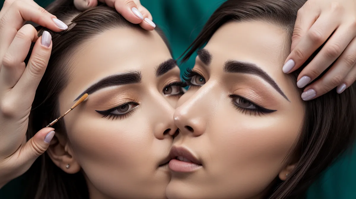 Micropigmentación de cejas efecto polvo bajo luz de estudio, lista para fotografiarse en redes sociales